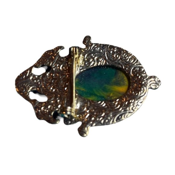 Vintage Baroque Ornate Brooch Pin Goldtone Oval and Round Cabachon Faux Stones 2 - Picture 3 of 5